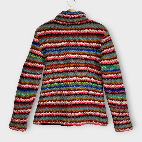 Wool Sweater Jacket MEDIUM Nepal Hand Knit Artisan Full Zip Fleece Lined - Picture 3 of 8